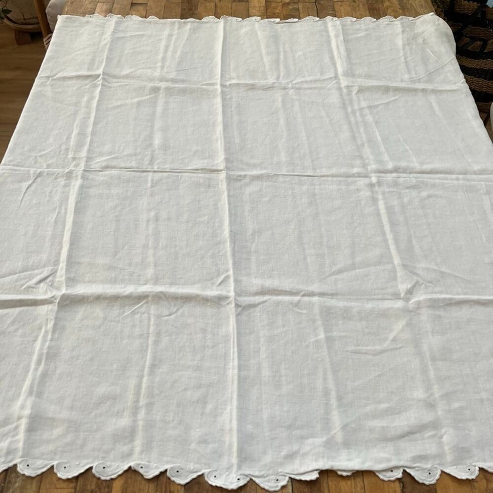 Vintage Off White Linen Tablecloth 47" x 51" Scalloped Eyelet Embroidered Trim